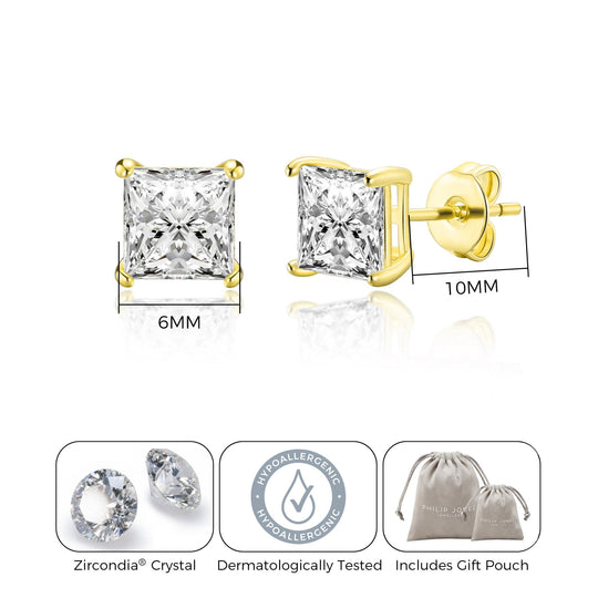 Gold Plated Square Earrings Created with Zircondia® Crystals - Philip Jones Jewellery
