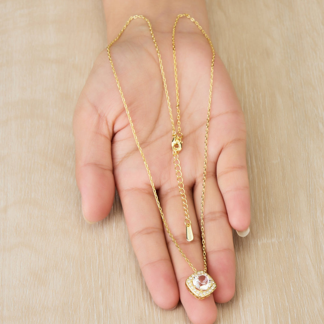 Gold Plated Square Halo Necklace Created with Zircondia® Crystals - Philip Jones Jewellery