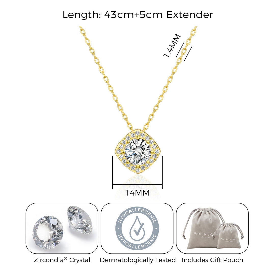 Gold Plated Square Halo Necklace Created with Zircondia® Crystals - Philip Jones Jewellery