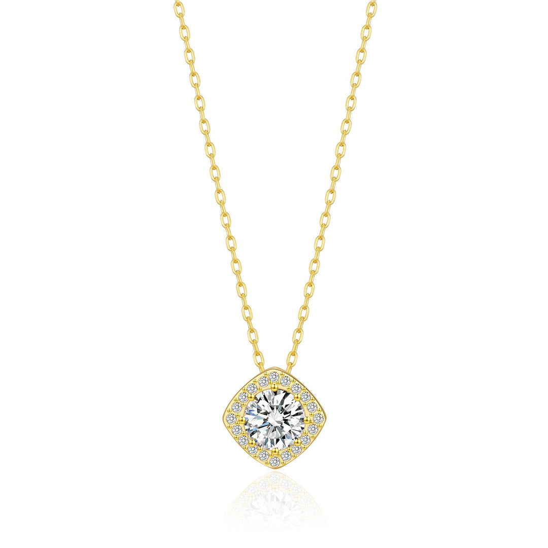 Gold Plated Square Halo Necklace Created with Zircondia® Crystals - Philip Jones Jewellery