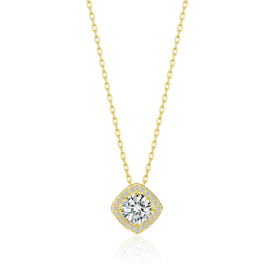 Gold Plated Square Halo Necklace Created with Zircondia® Crystals - Philip Jones Jewellery