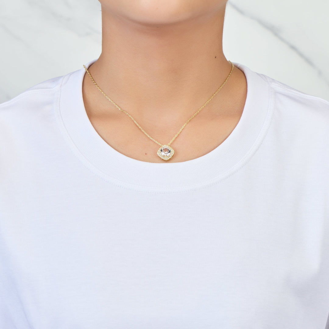 Gold Plated Square Halo Necklace Created with Zircondia® Crystals - Philip Jones Jewellery