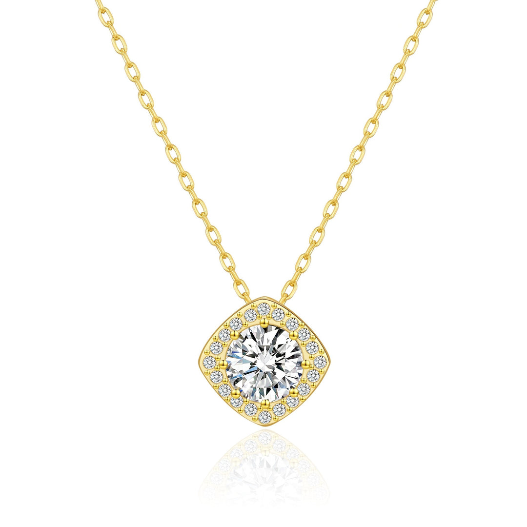 Gold Plated Square Halo Necklace Created with Zircondia® Crystals - Philip Jones Jewellery