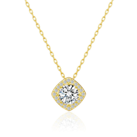 Gold Plated Square Halo Necklace Created with Zircondia® Crystals - Philip Jones Jewellery