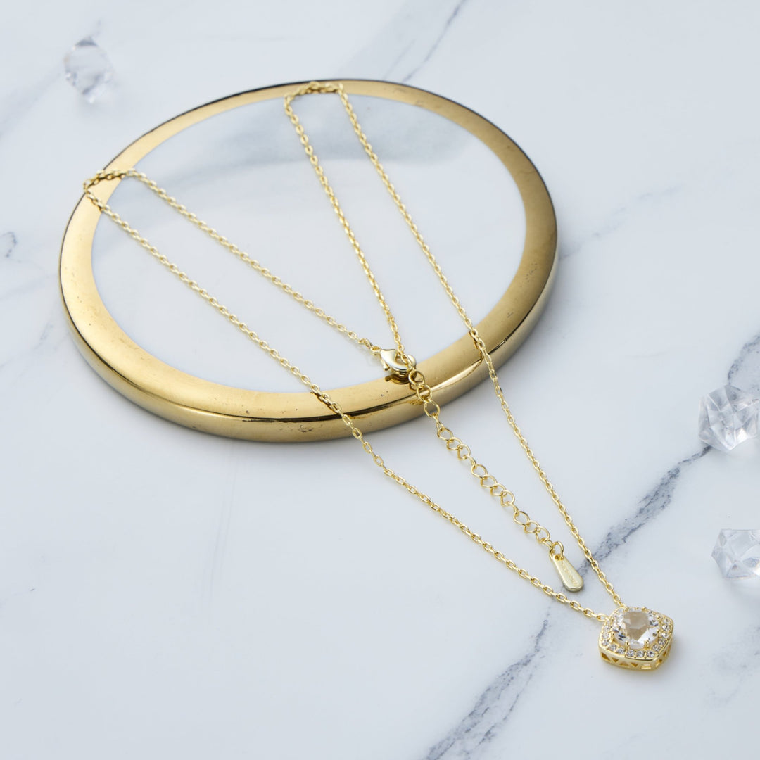 Gold Plated Square Halo Necklace Created with Zircondia® Crystals - Philip Jones Jewellery