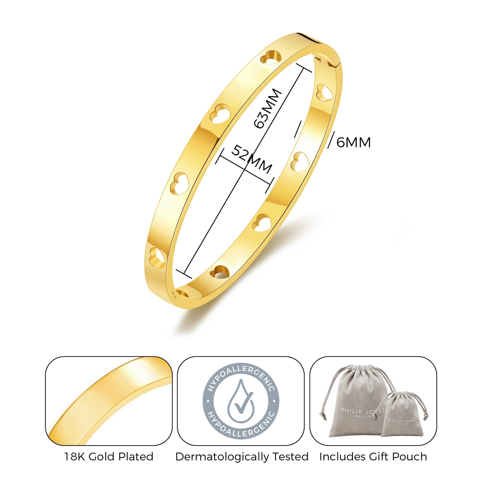 Gold Plated Stainless Steel Heart Bangle (7 Inch) - Philip Jones Jewellery