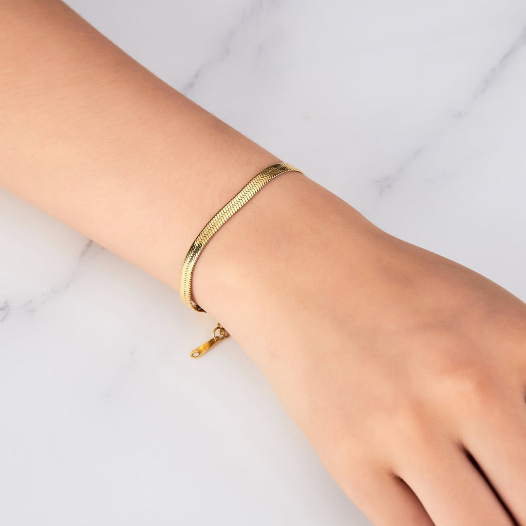 Gold Plated Stainless Steel Herringbone Flat Snake Chain Bracelet - Philip Jones Jewellery
