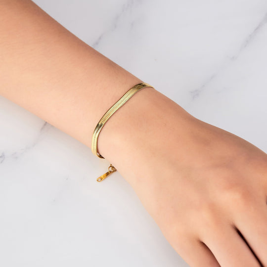 Gold Plated Stainless Steel Herringbone Flat Snake Chain Bracelet - Philip Jones Jewellery