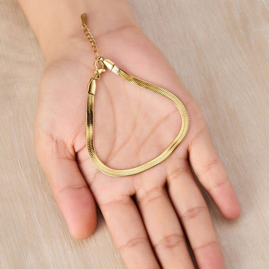 Gold Plated Stainless Steel Herringbone Flat Snake Chain Bracelet - Philip Jones Jewellery