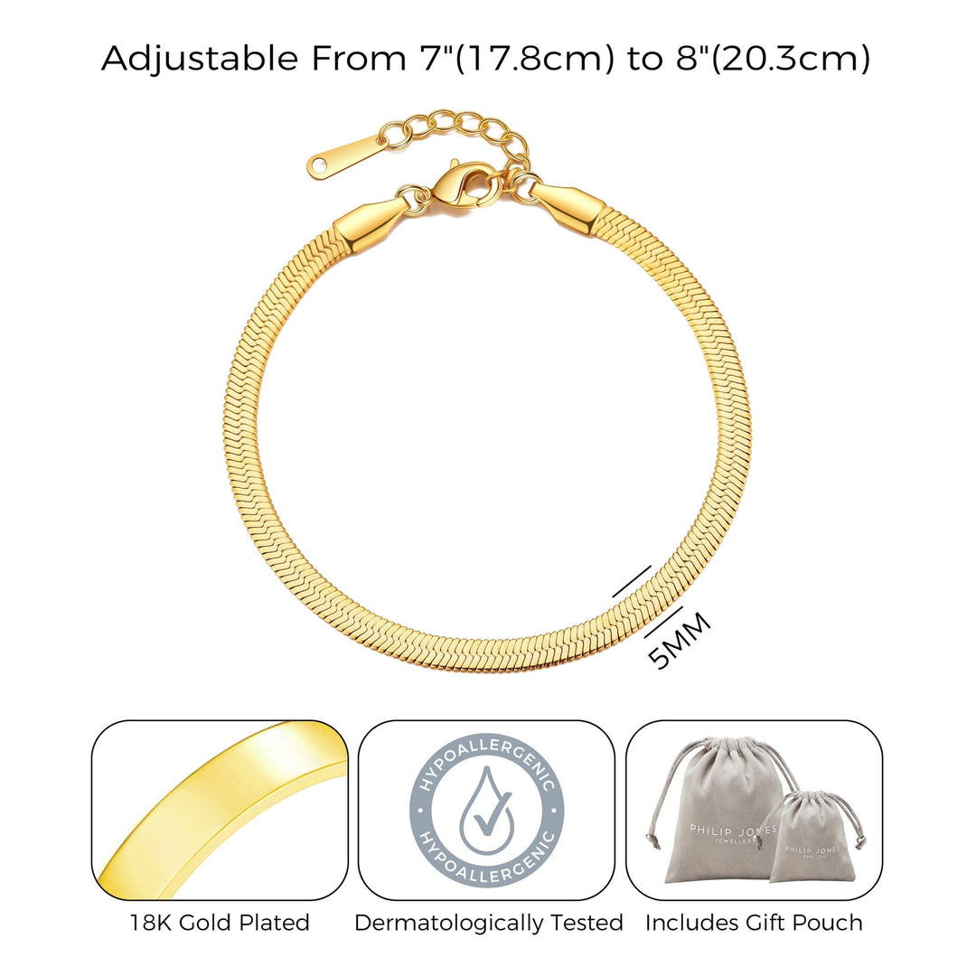 Gold Plated Stainless Steel Herringbone Flat Snake Chain Bracelet - Philip Jones Jewellery