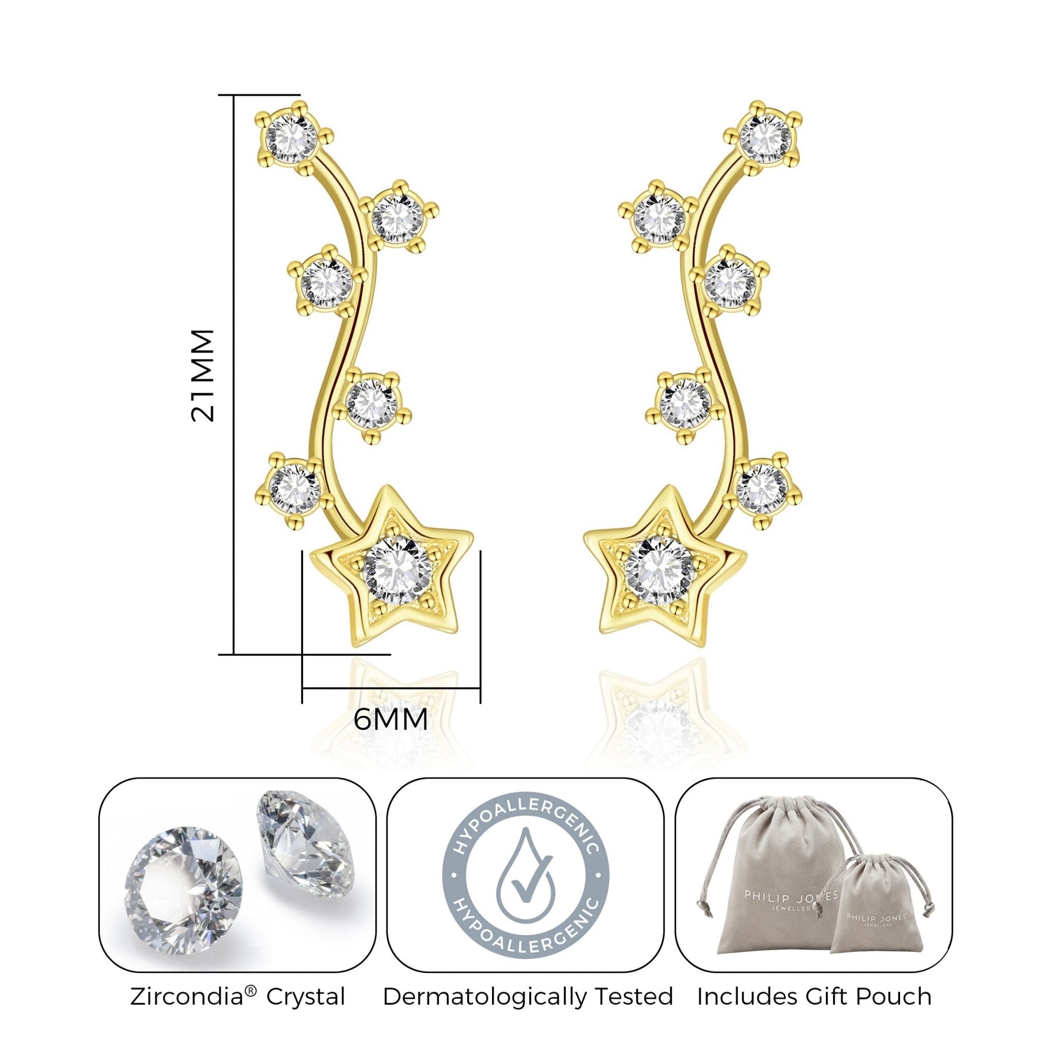 Gold Plated Star Climber Earrings Created with Zircondia® Crystals - Philip Jones Jewellery