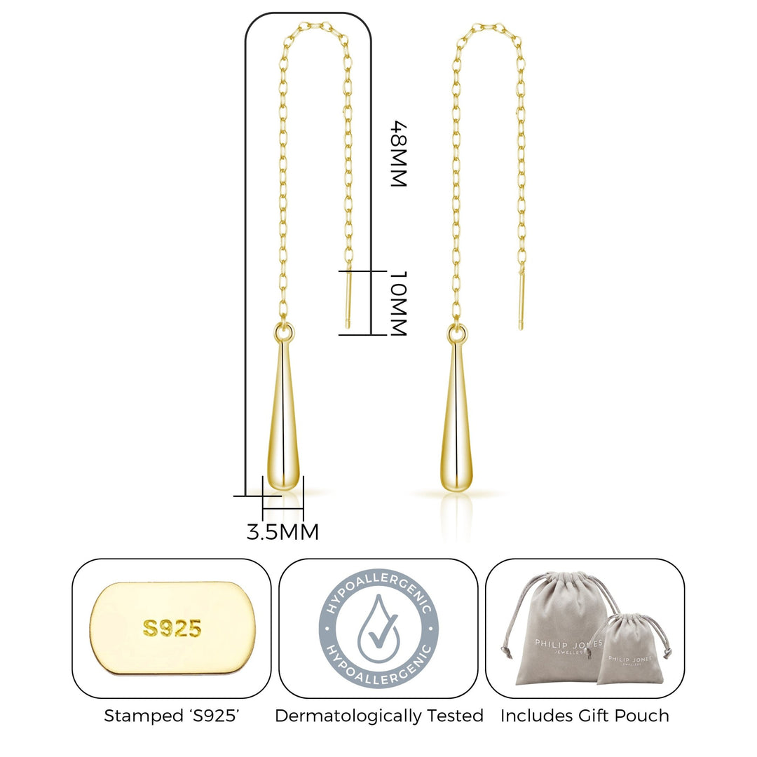 Gold Plated Sterling Silver Teardrop Thread Earrings - Philip Jones Jewellery