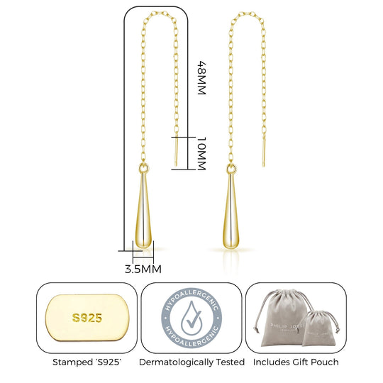 Gold Plated Sterling Silver Teardrop Thread Earrings - Philip Jones Jewellery