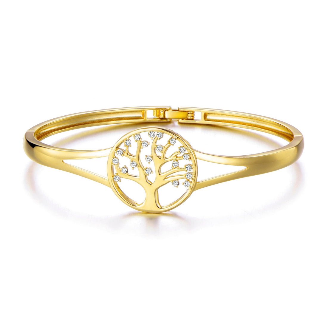 Gold Plated Tree of Life Bangle Created with Zircondia® Crystals (7 Inch) - Philip Jones Jewellery