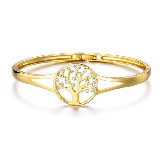 Gold Plated Tree of Life Bangle Created with Zircondia® Crystals (7 Inch) - Philip Jones Jewellery