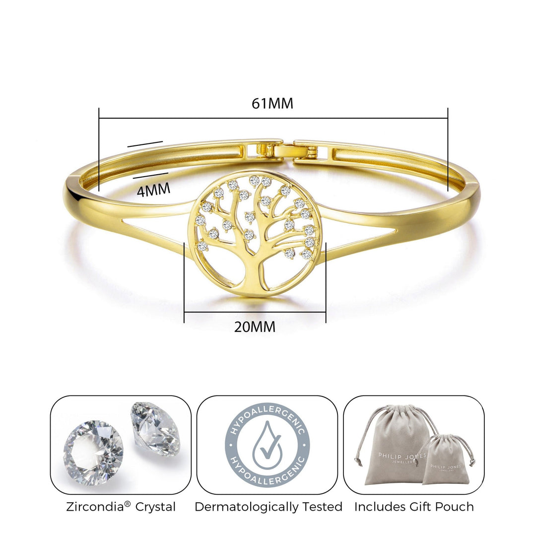 Gold Plated Tree of Life Bangle Created with Zircondia® Crystals (7 Inch) - Philip Jones Jewellery