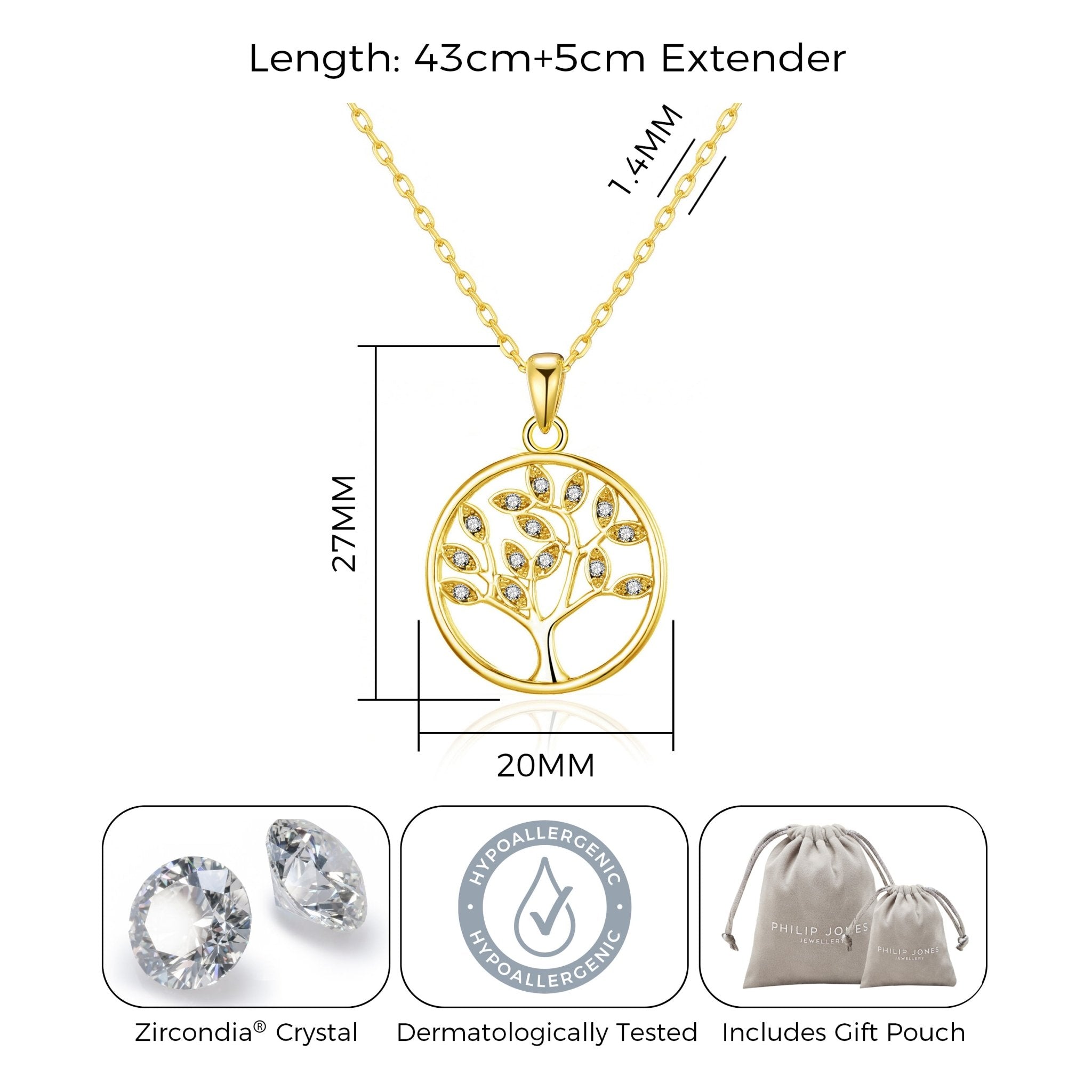 Gold Plated Tree of Life Necklace Created with Zircondia® Crystals - Philip Jones Jewellery