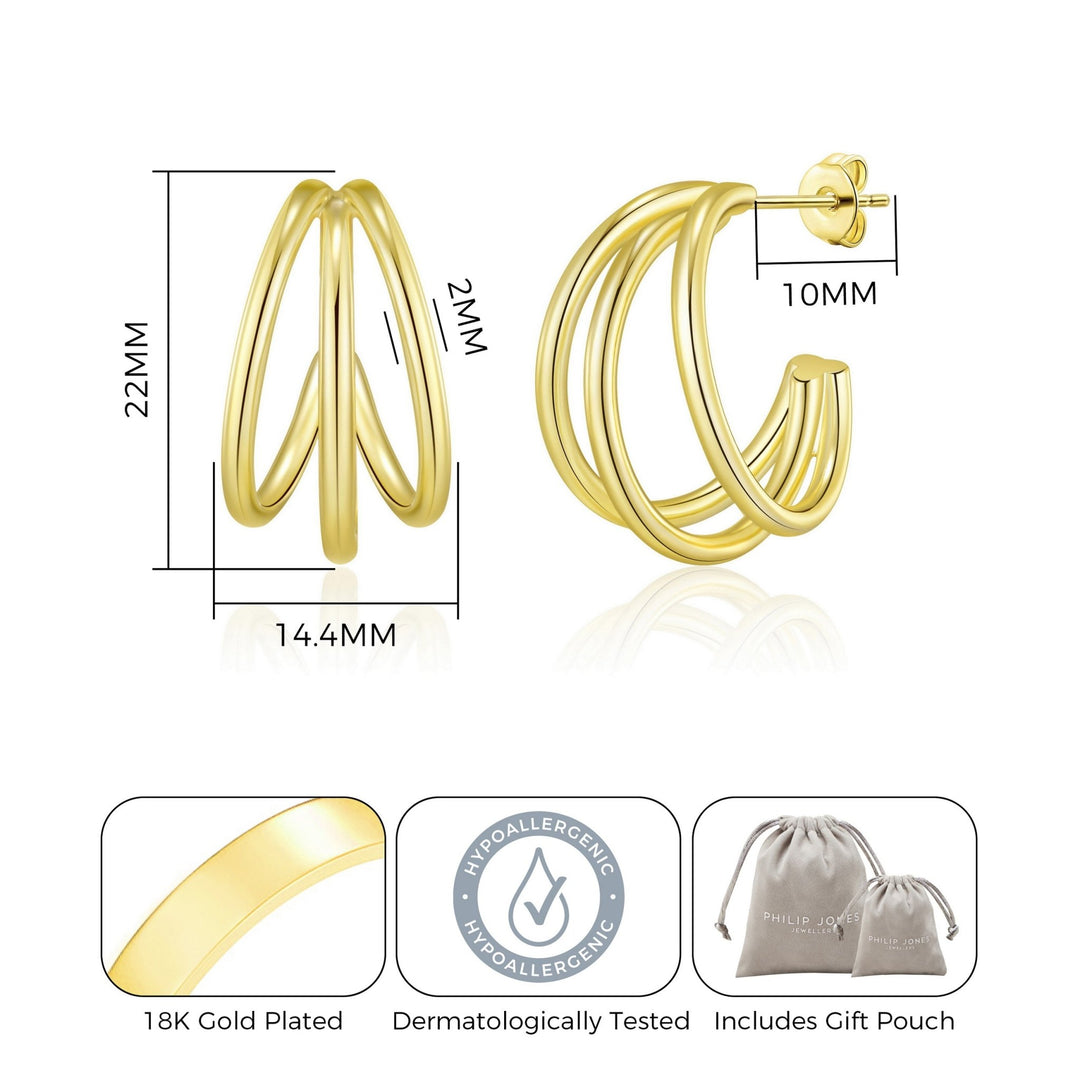 Gold Plated Triple Illusion Hoop Earrings - Philip Jones Jewellery