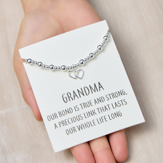Grandma Heart Link Beaded Stretch Bracelet with Quote Card - Philip Jones Jewellery