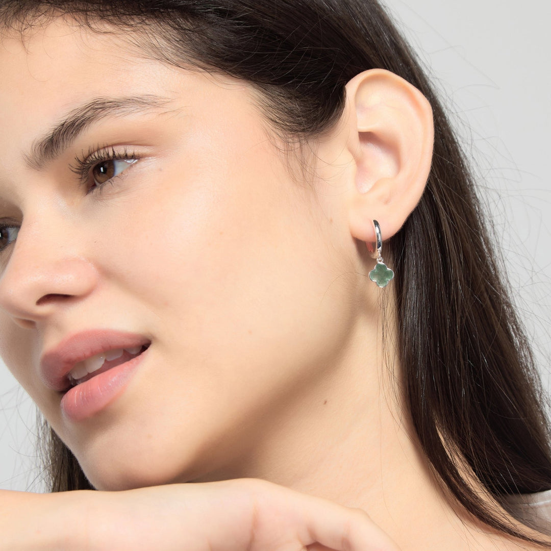 Green Aventurine Gemstone Clover Charm Hoop Earrings