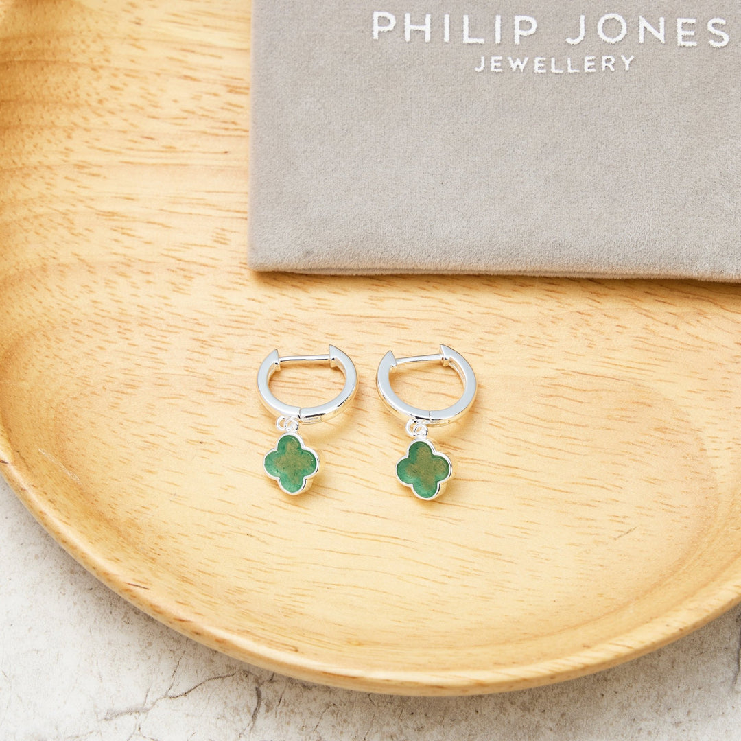 Green Aventurine Gemstone Clover Charm Hoop Earrings - Philip Jones Jewellery