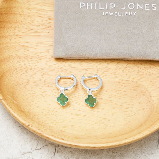 Green Aventurine Gemstone Clover Charm Hoop Earrings - Philip Jones Jewellery