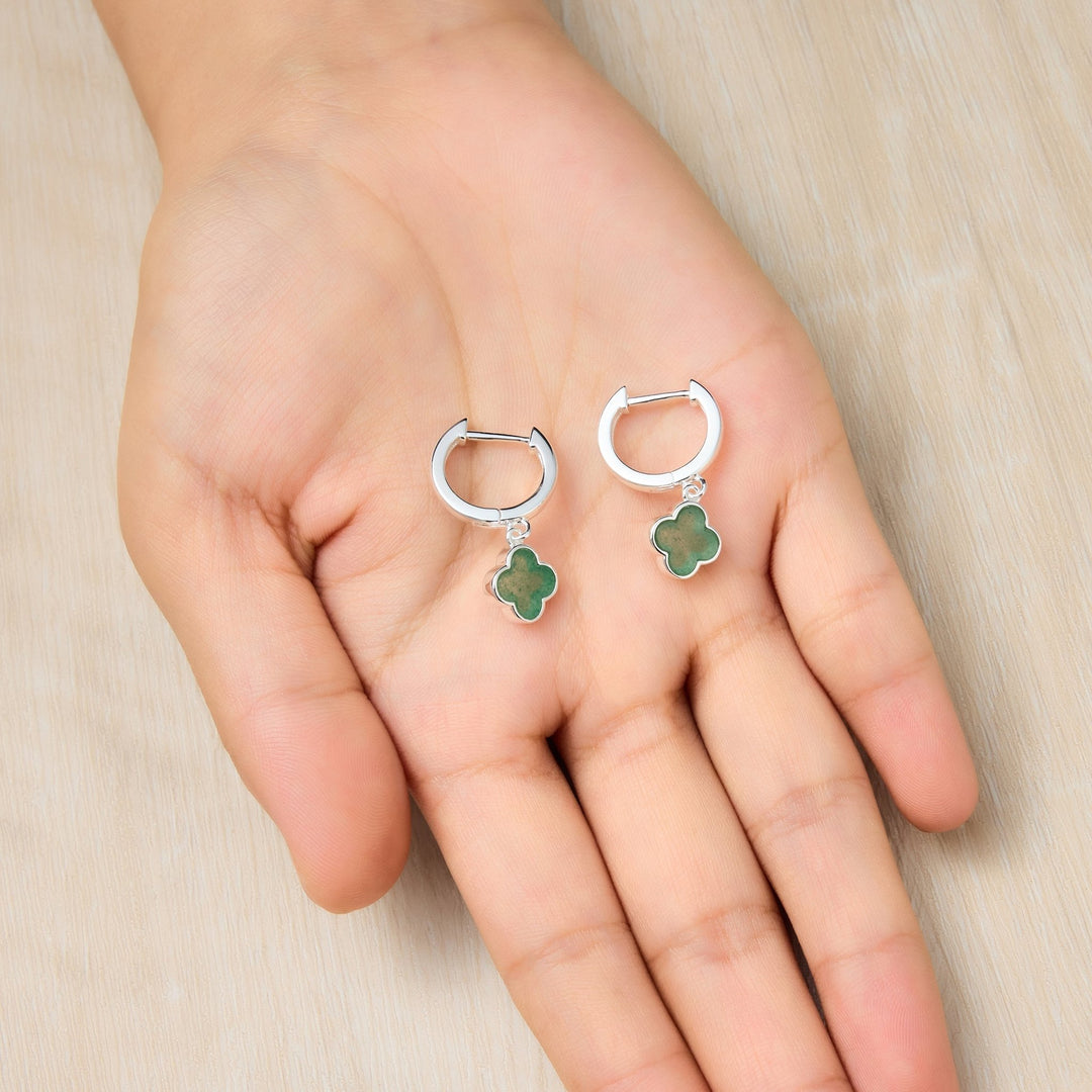 Green Aventurine Gemstone Clover Charm Hoop Earrings - Philip Jones Jewellery