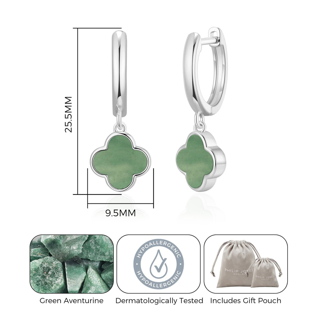 Green Aventurine Gemstone Clover Charm Hoop Earrings - Philip Jones Jewellery
