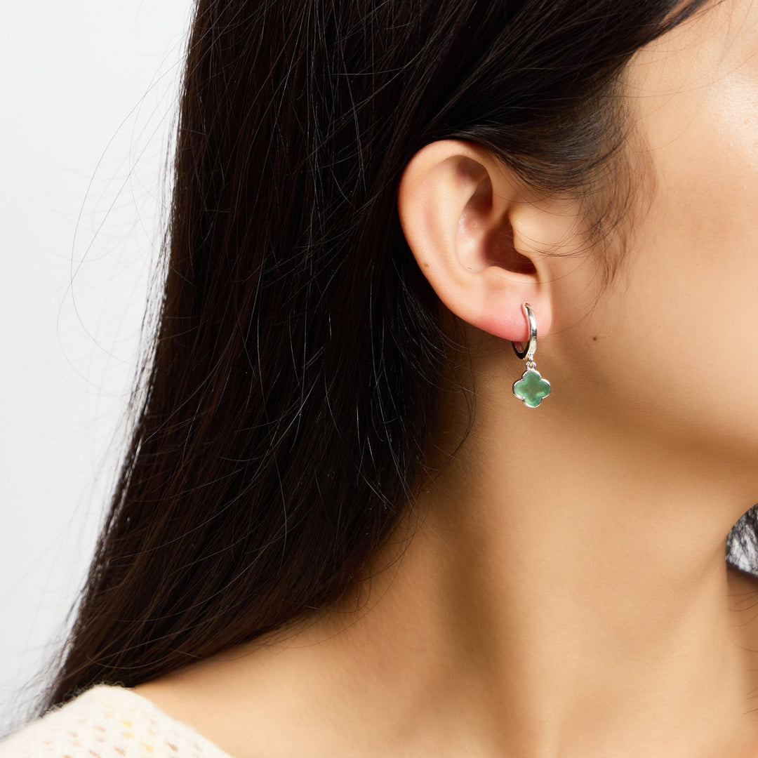 Green Aventurine Gemstone Clover Charm Hoop Earrings - Philip Jones Jewellery