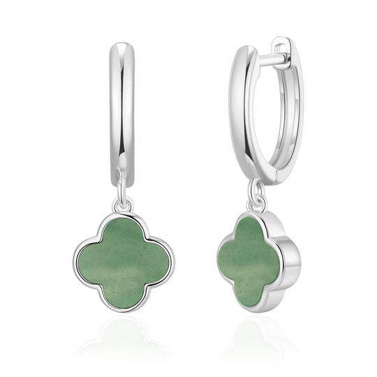 Green Aventurine Gemstone Clover Charm Hoop Earrings - Philip Jones Jewellery