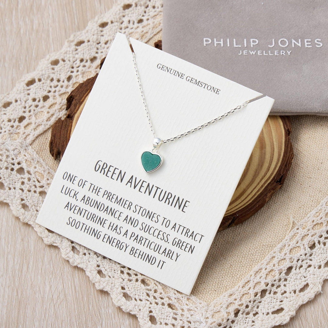 Green Aventurine Gemstone Heart Necklace with Quote Card - Philip Jones Jewellery