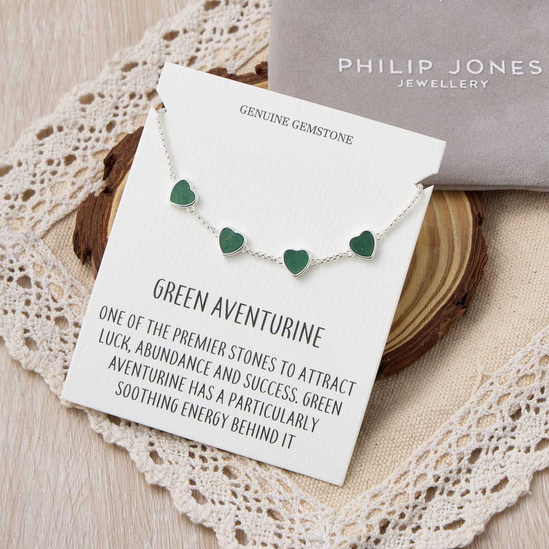 Green Aventurine Gemstone Multi Heart Friendship Bracelet with Quote Card - Philip Jones Jewellery
