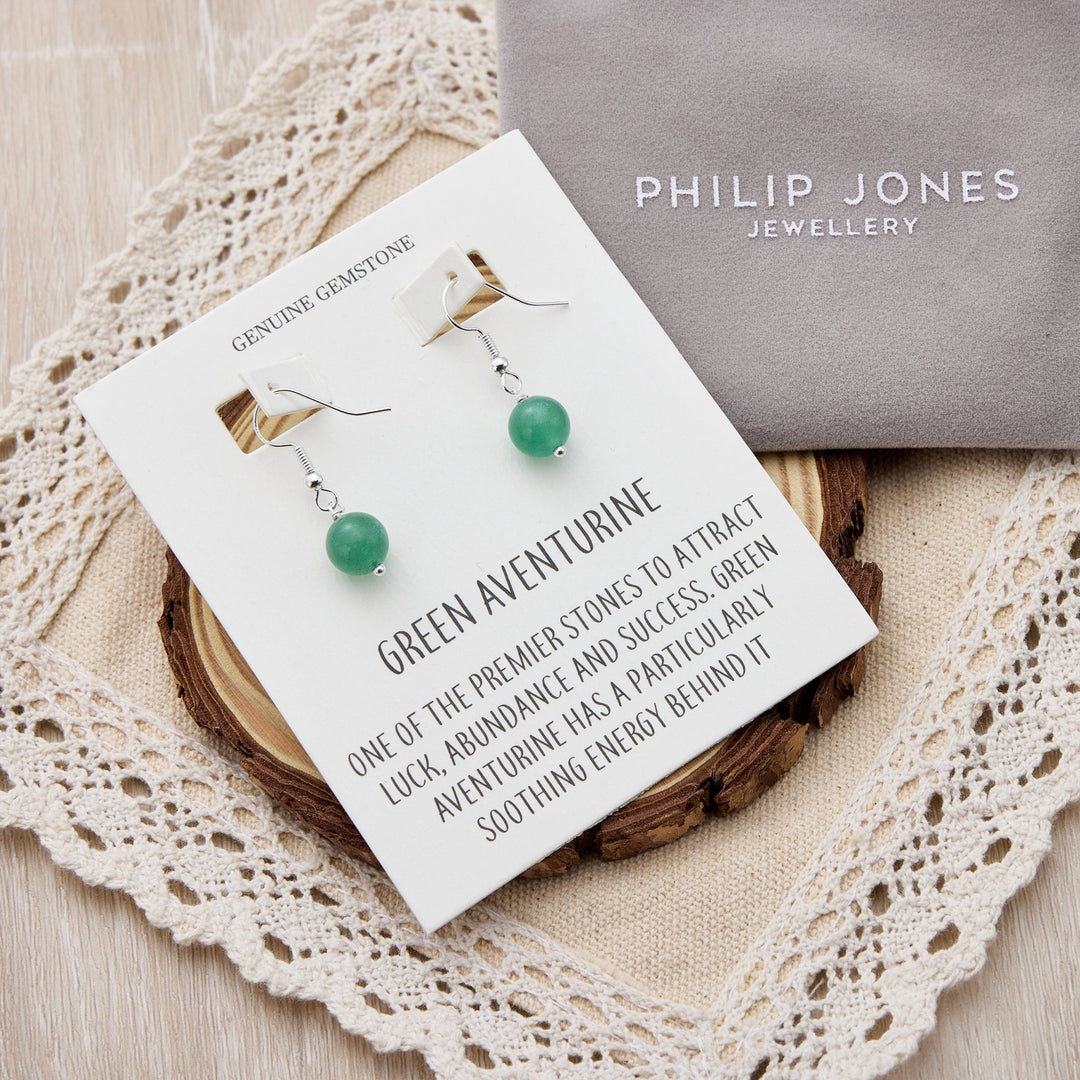 Green Aventurine Gemstone Round Drop Earrings with Quote Card - Philip Jones Jewellery