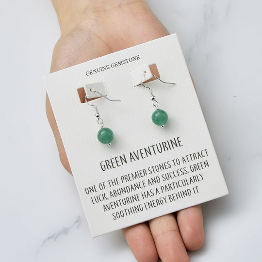 Green Aventurine Gemstone Round Drop Earrings with Quote Card - Philip Jones Jewellery
