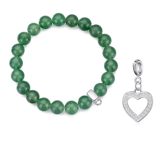 Green Aventurine Gemstone Stretch Bracelet with Charm Created with Zircondia® Crystals - Philip Jones Jewellery