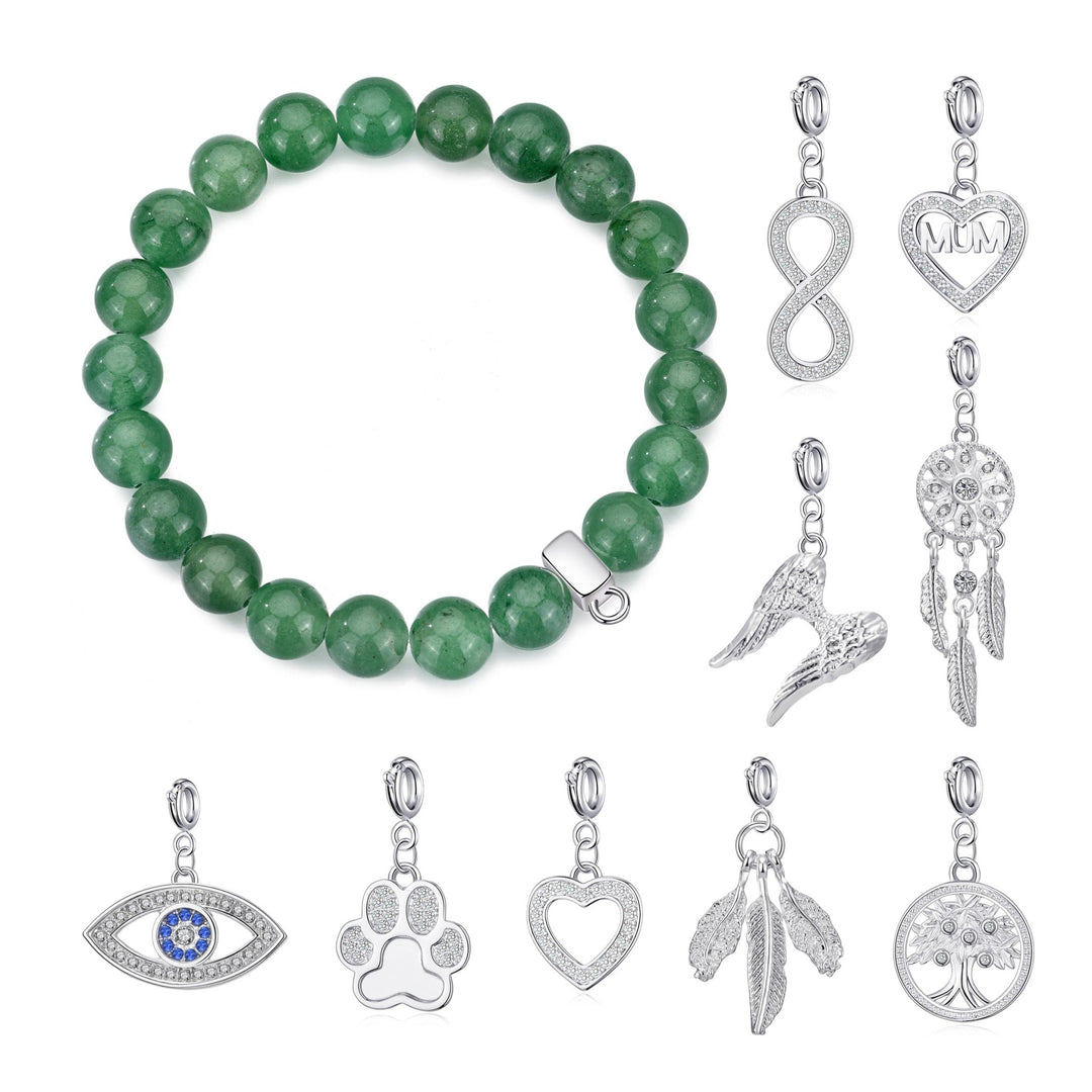 Green Aventurine Gemstone Stretch Bracelet with Charm Created with Zircondia® Crystals - Philip Jones Jewellery