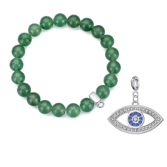 Green Aventurine Gemstone Stretch Bracelet with Charm Created with Zircondia® Crystals - Philip Jones Jewellery