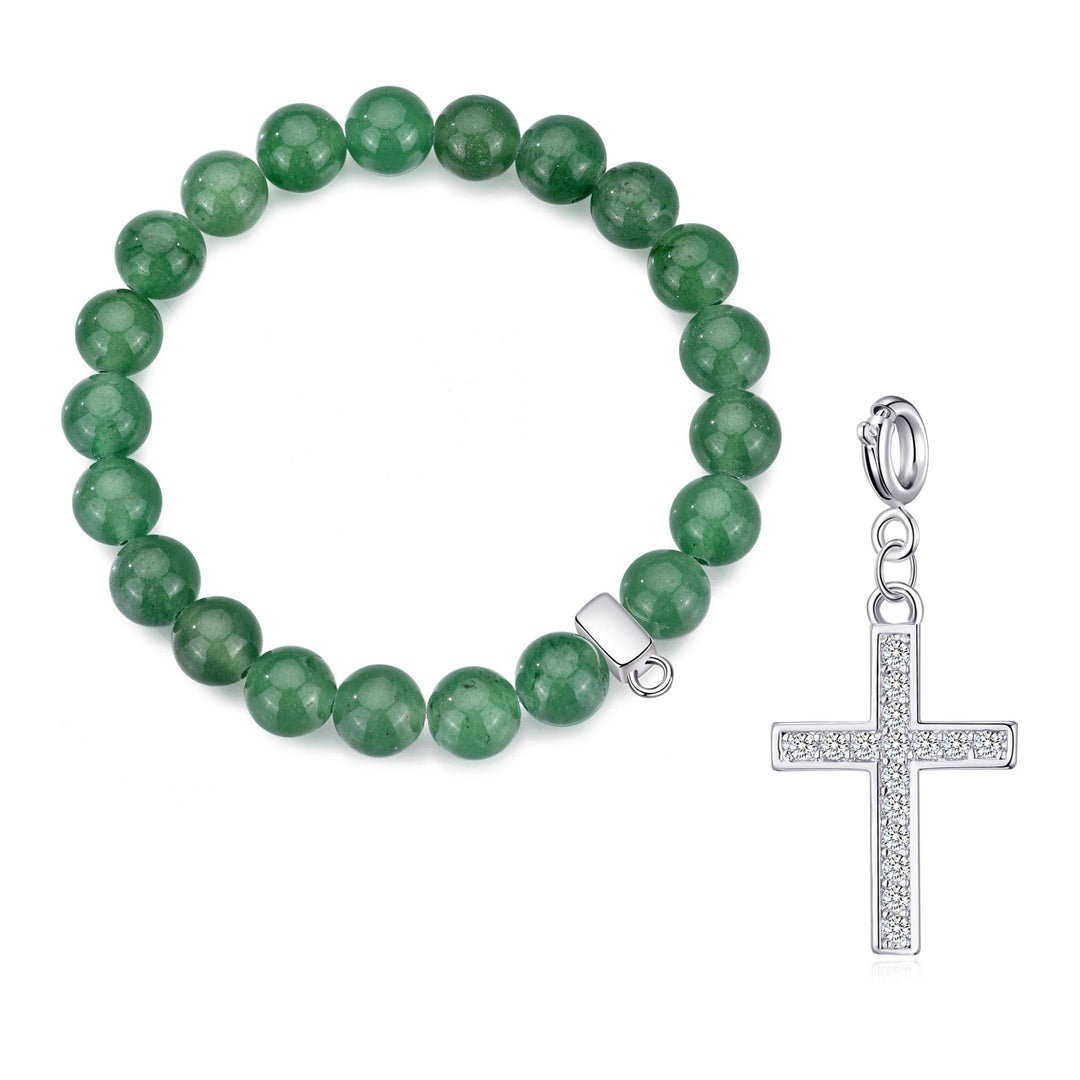 Green Aventurine Gemstone Stretch Bracelet with Charm Created with Zircondia® Crystals - Philip Jones Jewellery