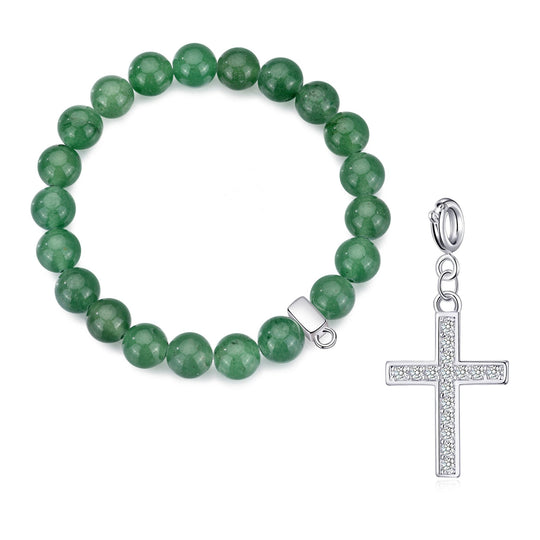 Green Aventurine Gemstone Stretch Bracelet with Charm Created with Zircondia® Crystals - Philip Jones Jewellery