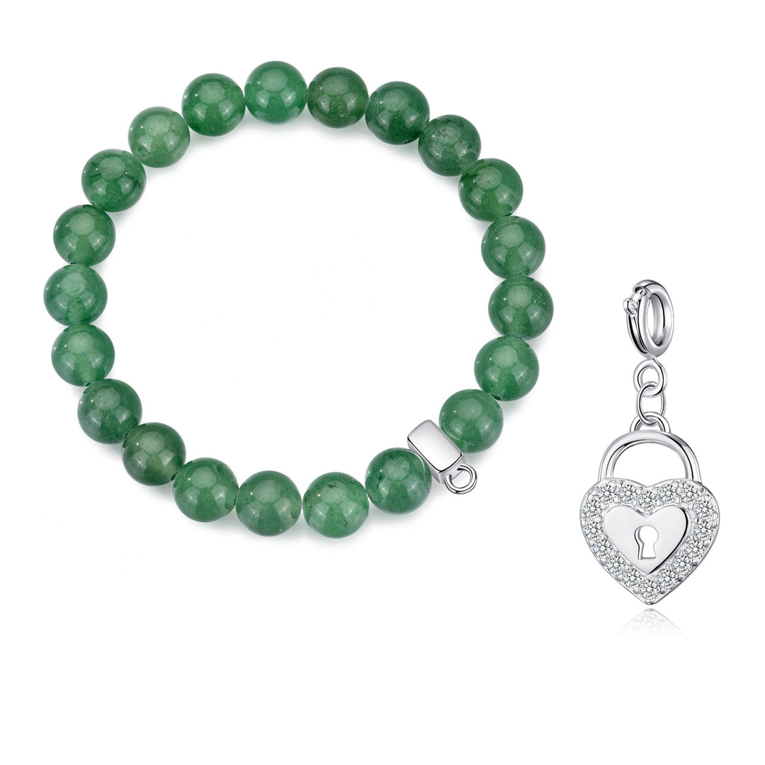 Green Aventurine Gemstone Stretch Bracelet with Charm Created with Zircondia® Crystals - Philip Jones Jewellery