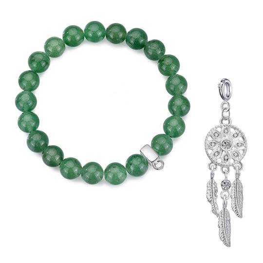Green Aventurine Gemstone Stretch Bracelet with Charm Created with Zircondia® Crystals - Philip Jones Jewellery