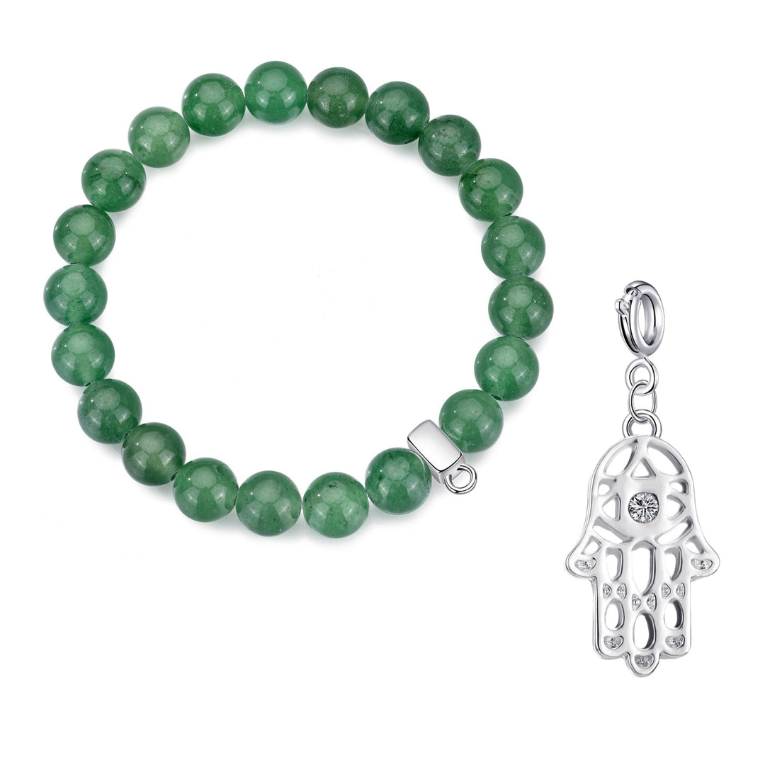 Green Aventurine Gemstone Stretch Bracelet with Charm Created with Zircondia® Crystals - Philip Jones Jewellery