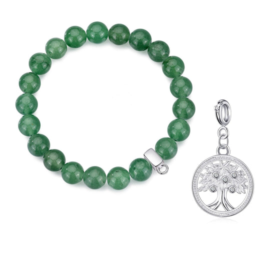 Green Aventurine Gemstone Stretch Bracelet with Charm Created with Zircondia® Crystals - Philip Jones Jewellery