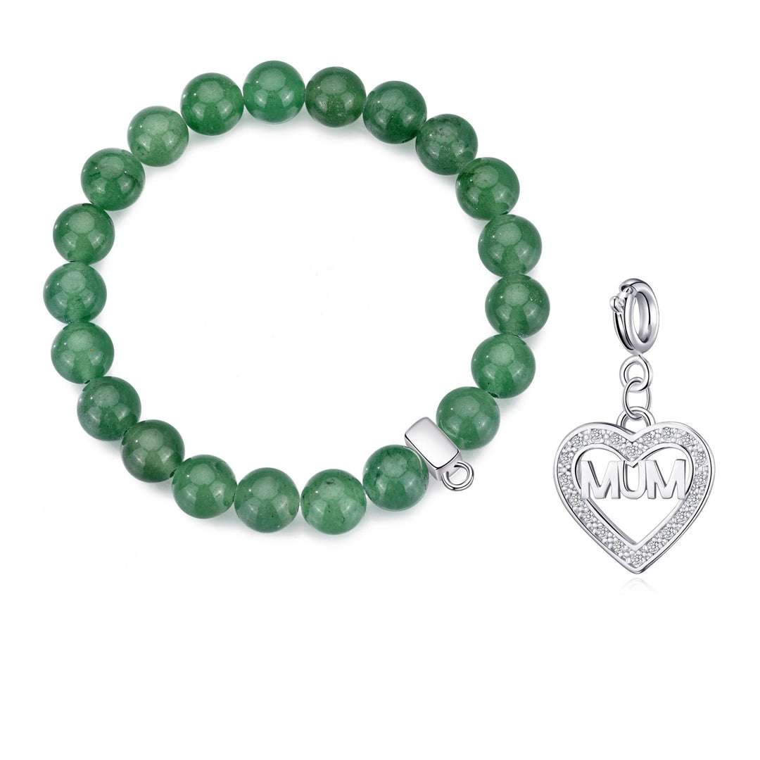 Green Aventurine Gemstone Stretch Bracelet with Charm Created with Zircondia® Crystals - Philip Jones Jewellery