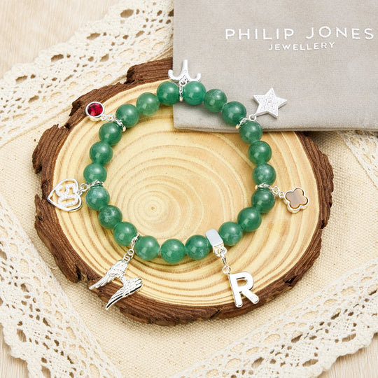 Green Aventurine Gemstone Stretch Bracelet with Option of Charms - Philip Jones Jewellery