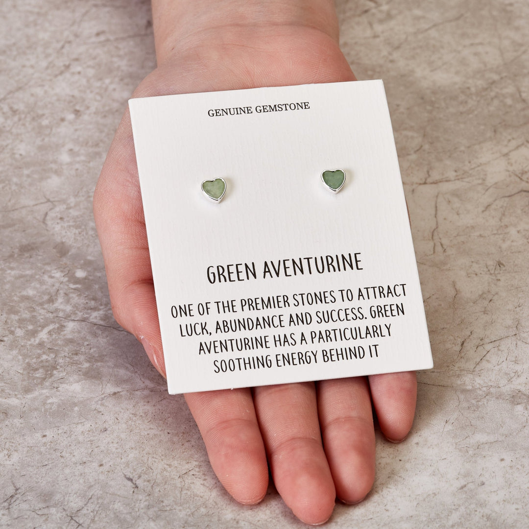 Green Aventurine Heart Stud Earrings with Quote Card - Philip Jones Jewellery