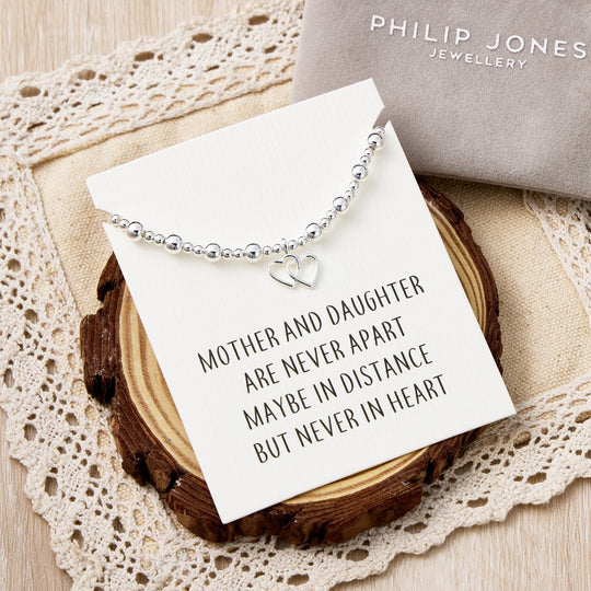 Heart Link Beaded Stretch Mother and Daughter Bracelet with Quote Card - Philip Jones Jewellery