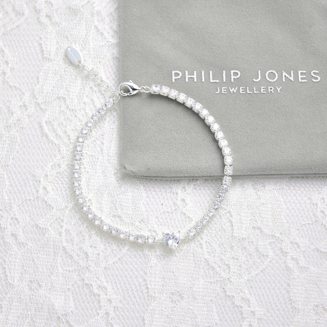 Heart Solitaire Bridal Tennis Bracelet Created with Zircondia® Crystals - Philip Jones Jewellery