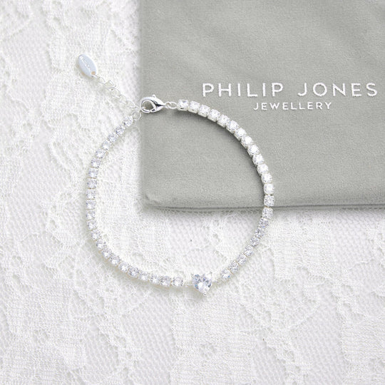 Heart Solitaire Bridal Tennis Bracelet Created with Zircondia® Crystals - Philip Jones Jewellery