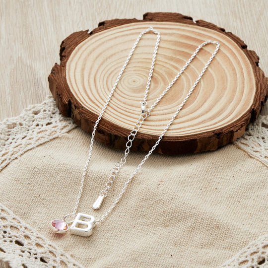 Initial B Necklace with Birthstone Charm Created with Zircondia® Crystals - Philip Jones Jewellery